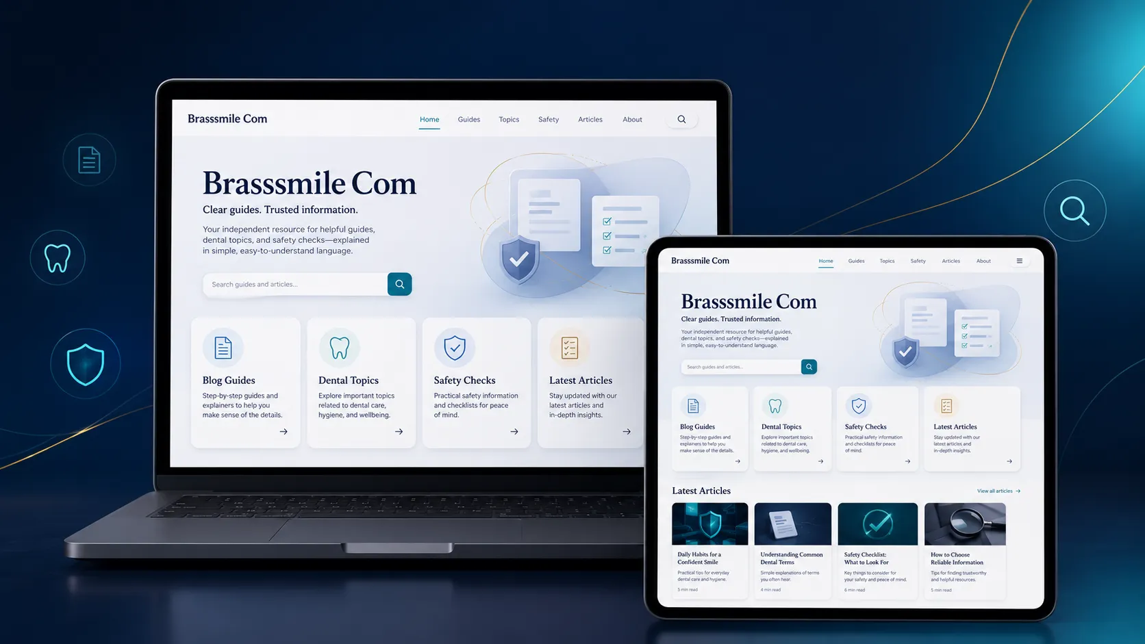 Brasssmile Com guide website hero image with blog dental topics and safety cards